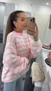 SOFT STRIPE LONG PULLOVER Pink/White