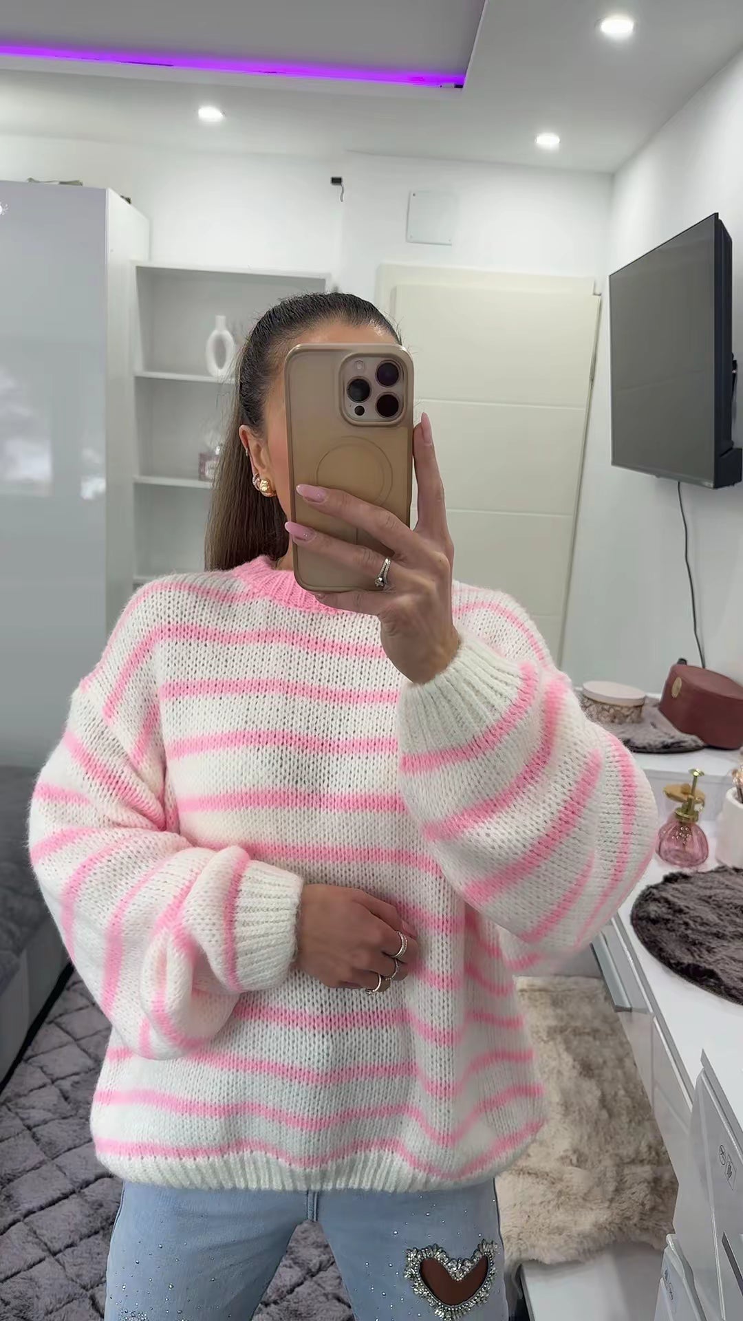 SOFT STRIPE LONG PULLOVER Pink/White