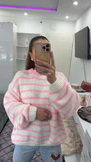 SOFT STRIPE LONG PULLOVER Pink/White