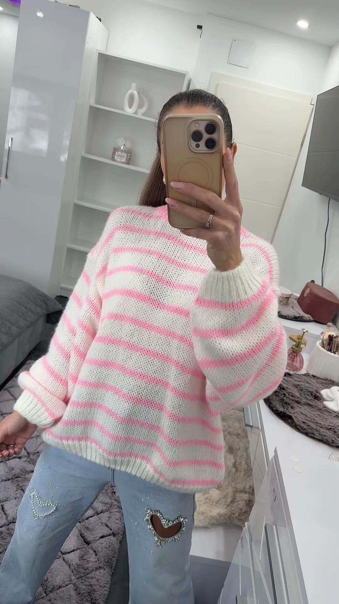 SOFT STRIPE LONG PULLOVER Pink/White