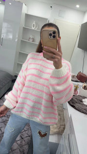 SOFT STRIPE LONG PULLOVER Pink/White