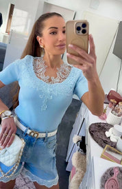 Luxury Strickbluse mit edlem Spitzenbesatz