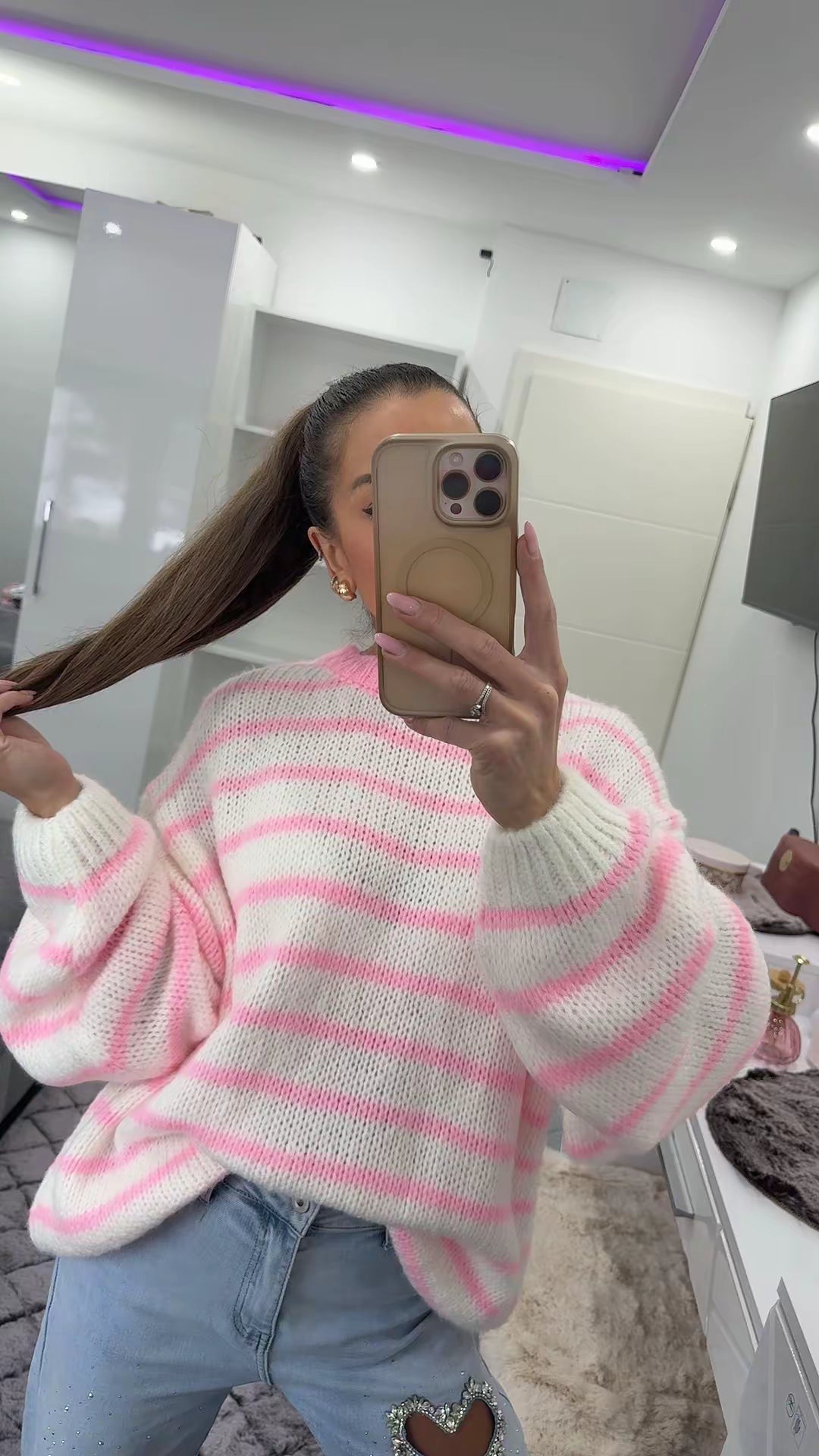 SOFT STRIPE LONG PULLOVER Pink/White