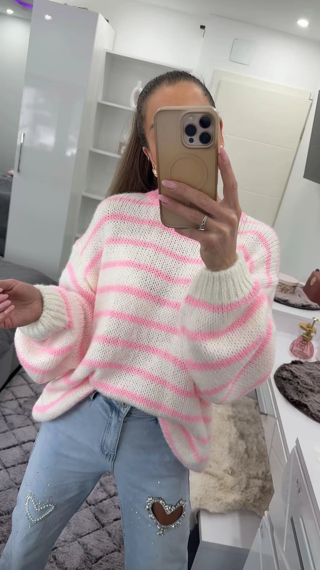 SOFT STRIPE LONG PULLOVER Pink/White