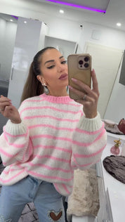 SOFT STRIPE LONG PULLOVER Pink/White