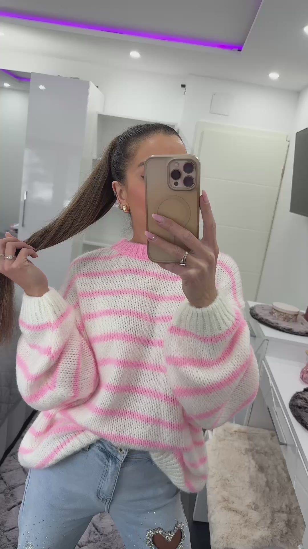 SOFT STRIPE LONG PULLOVER Pink/White